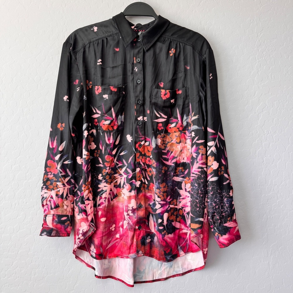 Anthropologie Medium Floral Button-Up Tunic Top Long Sleeve Bohemian Blouse